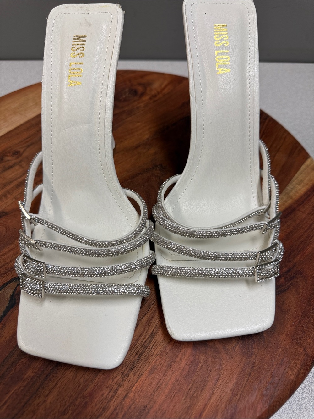 Miss Lola Aurora Rhinestone Strappy Mule Heels White Size 9 Square Toe - Picture 6 of 13